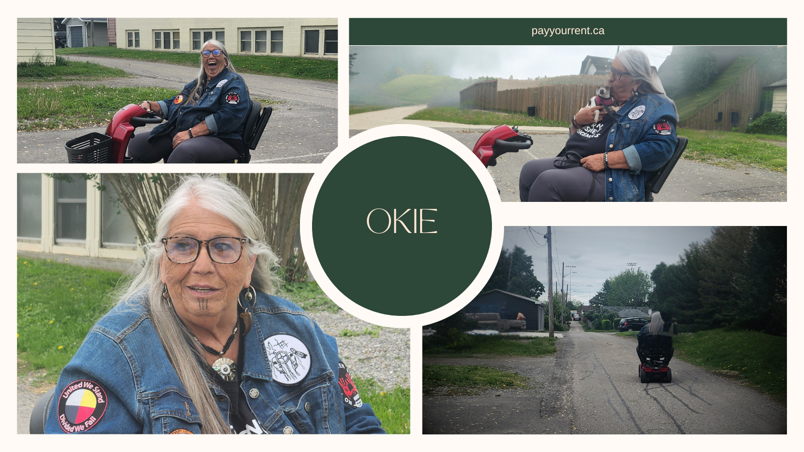 four images of a native woman, long grey hair, jean jacket with MMIWG and Pride patches, laughing, sitting on a scooter, driving away. Okie.